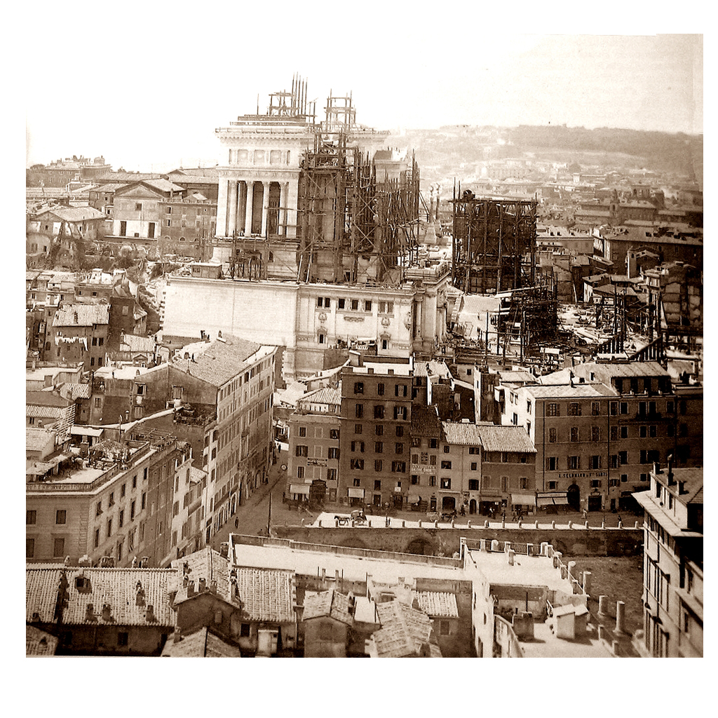 The monument to a Vittorio Emanuele II (Il Vittoriano) under construction.